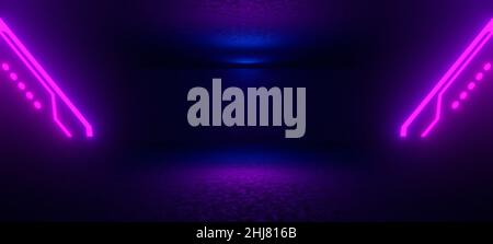 Computerisierter Korridor Flur Hangar Interieur Awesome Cosmic Club mit dunklen Magenta Farben Abstrakt futuristischer Hintergrund Alien Futuristisches Konzept 3D Stockfoto