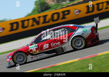 Mugello Circuit, Italien 2. Mai 2008: Mike Rockenfeller im Einsatz mit dem Audi A4 DTM 2007 des Team Rosberg beim DTM-Rennen auf dem Mugello Circuit. Stockfoto