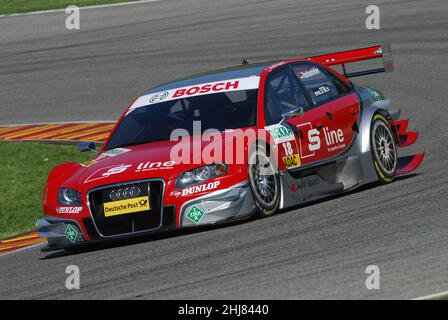 Mugello Circuit, Italien 2. Mai 2008: Mike Rockenfeller im Einsatz mit dem Audi A4 DTM 2007 des Team Rosberg beim DTM-Rennen auf dem Mugello Circuit. Stockfoto