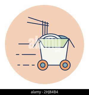 Vektor-Flach-Symbol mit Wok-Box auf Rädern. Lieferzeichen. Graph Symbol für Kochen Website und Apps Design, Logo, App, UI Stock Vektor