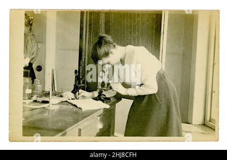 Ursprüngliche Postkarte aus dem frühen 20. Jahrhundert aus dem Jahr WW1 von einem Schulmädchen in der Form von 6th oder einem Studenten, der auf ein Mikroskop schaut, in einem Biologielabor, das auch als Fitnessstudio dient (Kletternetz im Hintergrund), Die junge Dame hat möglicherweise gerade einen Frosch seziert, da sich Teichtauchgläser und eine offene Brieftasche mit Sezungswerkzeugen vor ihr auf der Bank befinden. Circa 1915, Großbritannien. Stockfoto