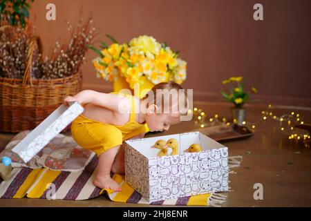 Baby zu ostern, Schachtel mit Gänsen Stockfoto