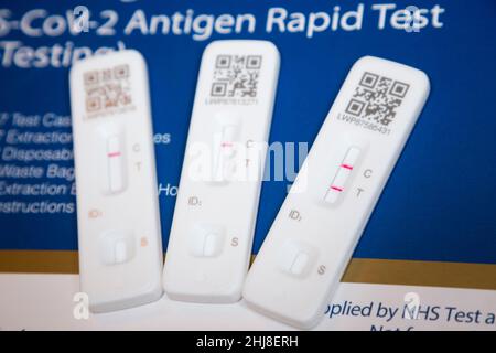 Zwei positive Ergebnisse und ein einziges negatives Testergebnis. Drei Lateral Flow Test / LFT / LFD / Lateral Flow Devices Kits / Device Kit, von denen zwei während der Antigenhome-Tests in London positiv (mit zwei roten Linien) auf COVID 19-Virus-Coronavirus getestet wurden. VEREINIGTES KÖNIGREICH. Um positiv zu erscheinen, werden zwei rote Linien angezeigt. Ein Test zeigt, dass die positive Linie schwach/schwach ist. Der dritte Test, der nur eine Zeile zeigt, ist ein negativer Test. Der Test (durch Flowfex hergestellt in China) hat Virus in der Probe Nasenabstrich aus der Nase gefunden. (128) Stockfoto