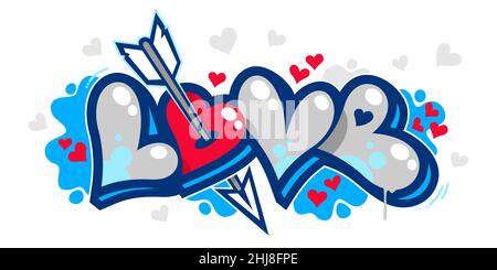 Graffiti-Stil Wort Liebe Mit Herzen Text-Schriftzug. Isolierte Vektor-Illustration Für Happy Valentines Day Stock Vektor