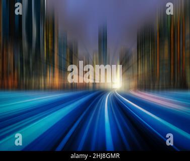 Futuristische Szene Bewegung verwischen Bewegung zwischen erhöhter Bahnlinie über den Bahngleisen mit Gebäude an der Loop-Linie in Chicago, Illinois, USA, i Stockfoto