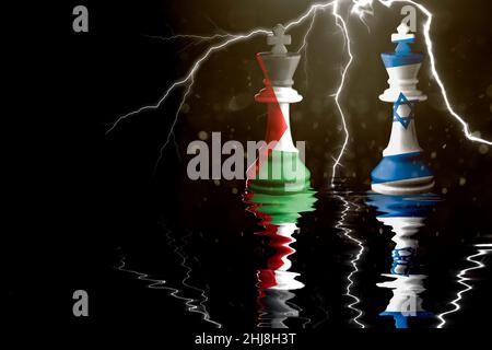 palästinensische und israelische Flaggen übermalen den Schachkönig. 3D Illustration palästina vs. israel Krise. Stockfoto