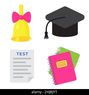 Satz von Schul- und Bildungselementen. Schulglocke, Copybooks, Testliste und Absolvent oder Akademiker Hut. Zurück zum Schulkonzept. Drucke für Web, Flyer Stock Vektor
