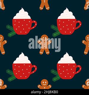 Weihnachtskaffee oder Chocolat und Lebkuchen Mann Cookies nahtlose Muster. Vektorgrafik. Stock Vektor