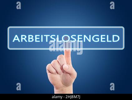 Arbeitslosengeld - deutsch Wort für Arbeitslosengeld oder Dole Money - Handtaste auf der Schnittstelle mit blauem Hintergrund. Stockfoto
