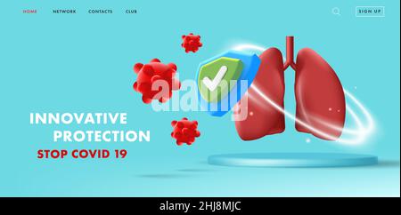 Medizinische Darstellung des Lungenschutzes 3D mit menschlichen Lungen in einem Schutzfeld mit Schildsymbol und Virusmolekülen, die sie erreichen Stock Vektor