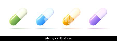 3D Vektor-Pillen Icon-Set, Render-Stil, Duo-Kapseln Droge oder Vitamin Stock Vektor