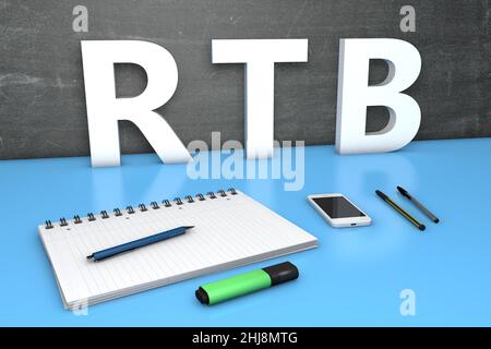 RTB - Echtzeitbieten - Textkonzept mit Tafel, Notizbuch, Stiften und Mobiltelefon. 3D Darstellung rendern. Stockfoto