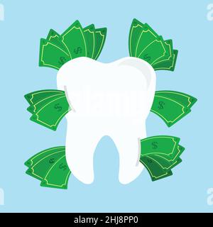 Zahn mit Geldscheinen herum. Preis der zahnärztlichen Behandlung. Blauer Hintergrund. Isoliert. Stock Vektor