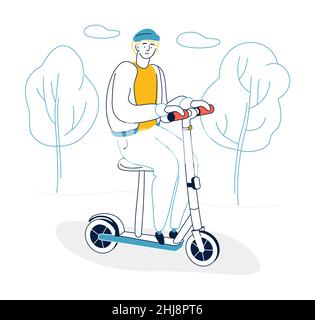 Umweltfreundlicher Transport - moderne, flache Design-Illustration mit Linienelementen. Eine bunte Komposition mit einem Mann auf einem Elektroroller. Fürsorglich Stock Vektor