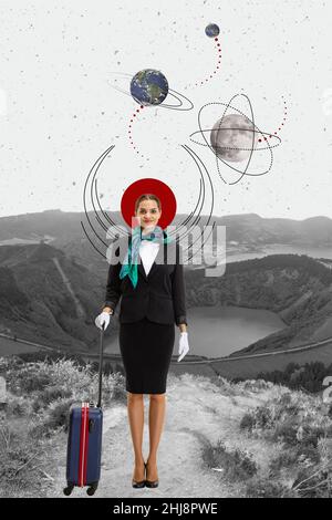 Glückliches junges Mädchen, Stewardess immer bereit, auf einen anderen Planeten zu fliegen. Modernes Design, zeitgenössische Kunstcollage. Stockfoto