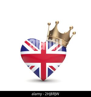 UK Union Jack Herz mit einer goldenen Krone. „Queen Jubilee“-Konzept. 3D Rendering Stockfoto