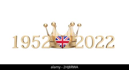 UK Union Jack Herz mit einer goldenen Krone. „Queen Jubilee“-Konzept. 3D Rendering Stockfoto