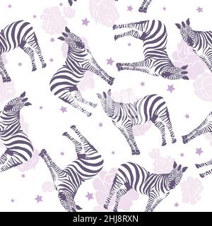 Zebramuster, gestreiftes Zebra auf weißem Hintergrund, Tier. Stock Vektor