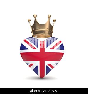 UK Union Jack Herz mit einer goldenen Krone. „Queen Jubilee“-Konzept. 3D Rendering Stockfoto