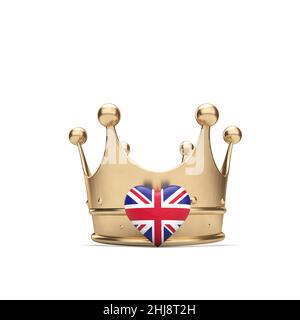 UK Union Jack Herz mit einer goldenen Krone. „Queen Jubilee“-Konzept. 3D Rendering Stockfoto