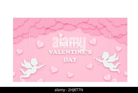 Fröhlicher Valentinstag Gruß Hintergrund in Papierschnitt-Stil. Weihnachtsbanner mit Papierwolken, Kupiden und Herzen. Horizontales Poster, Grußkarte Stock Vektor