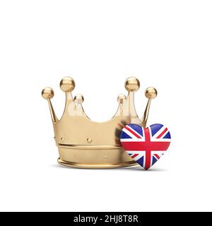 UK Union Jack Herz mit einer goldenen Krone. „Queen Jubilee“-Konzept. 3D Rendering Stockfoto