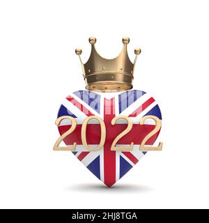 UK Union Jack Herz mit einer goldenen Krone. „Queen Jubilee“-Konzept. 3D Rendering Stockfoto