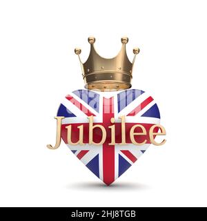 UK Union Jack Herz mit einer goldenen Krone. „Queen Jubilee“-Konzept. 3D Rendering Stockfoto