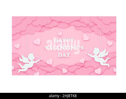 Fröhlicher Valentinstag Gruß Hintergrund in Papierschnitt-Stil. Weihnachtsbanner mit Papierwolken, Kupiden und Herzen. Horizontales Poster, Grußkarte Stock Vektor
