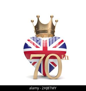 UK Union Jack Herz mit einer goldenen Krone. „Queen Jubilee“-Konzept. 3D Rendering Stockfoto