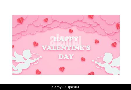 Fröhlicher Valentinstag Gruß Hintergrund in Papierschnitt-Stil. Weihnachtsbanner mit Papierwolken, Kupiden und Herzen. Horizontales Poster, Grußkarte Stock Vektor