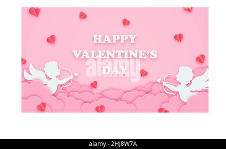 Fröhlicher Valentinstag Gruß Hintergrund in Papierschnitt-Stil. Weihnachtsbanner mit Papierwolken, Kupiden und Herzen. Horizontales Poster, Grußkarte Stock Vektor