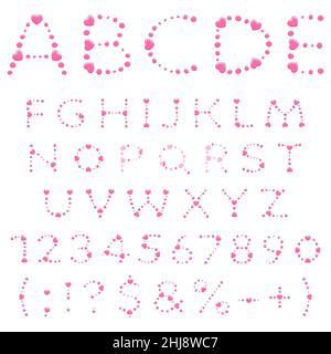 Alphabet, Buchstaben, Zahlen und Zeichen aus rosa Kreisen und Herzen. Isolierte Vektorobjekte auf weißem Hintergrund. Stock Vektor