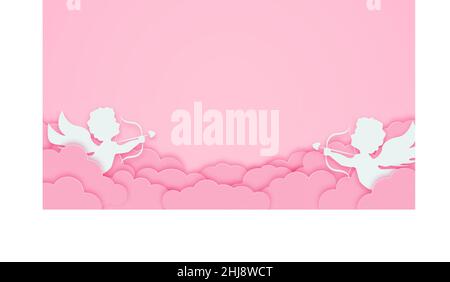 Fröhlicher Valentinstag Gruß Hintergrund in Papierschnitt-Stil. Horizontales Poster, Grußkartenflyer. Platz für Text. Urlaub rosa Banner mit Wolken und Stock Vektor