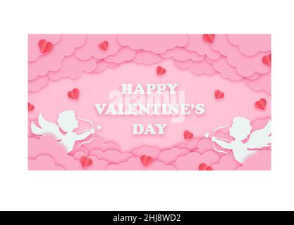 Fröhlicher Valentinstag Gruß Hintergrund in Papierschnitt-Stil. Weihnachtsbanner mit Papierwolken, Kupiden und Herzen. Horizontales Poster, Grußkarte Stock Vektor