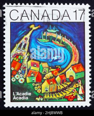 KANADA - UM 1981: Eine in Kanada gedruckte Marke zeigt Gemälde von Acadia, 100. Jahrestag des Acadianischen Kongresses, um 1981 Stockfoto