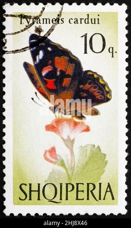 ALBANIEN - UM 1966: Eine in Albanien gedruckte Briefmarke zeigt Painted Lady, Butterfly, Pyramis Cardui, um 1966 Stockfoto