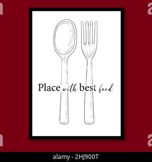 Minimalist Kitchen Poster Vektor. Platz mit bestem Essen. Wording-Design, Wandkunst, Küche Wanddekor, Schwarz-Weiß-Dekor. Vektorgrafik. Stock Vektor