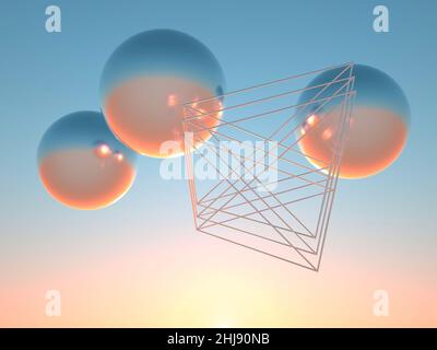 Abstrakte geometrische Installation. Glänzende Kugeln und Drahtmodellstruktur liegen am Himmel. 3D Rendering-Illustration Stockfoto