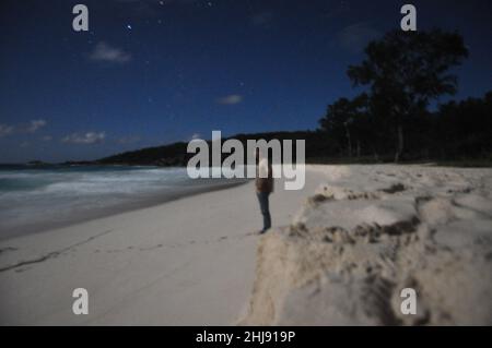 Nachtaufnahme eines Mannes an der Küste eines tropischen Strandes, beleuchtet vom Mondlicht. Langzeitbelichtung Stockfoto