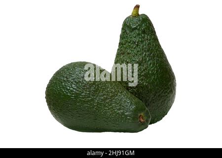 Bild von zwei reifen Avocados auf weißem Hintergrund Stockfoto