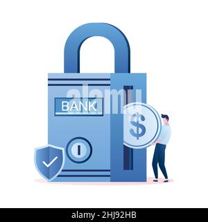 Bankschloss oder Bankschloss und Geschäftsmann halten Münzen. Finanzielle Sicherheit. Safe bei der Bank, männlicher Charakter im trendigen Stil isoliert auf weißem Hintergrund Stock Vektor