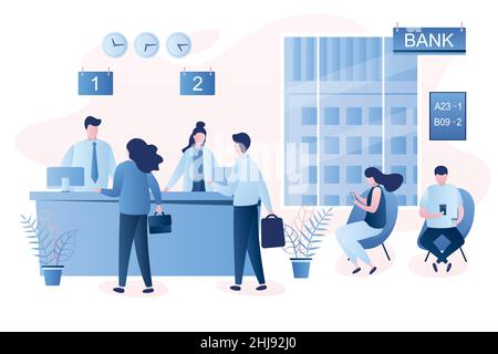 Modernes Bankbüro Interieur.Geschäftsleute Schlange Schlange stehen. Bankmanager und Kunden. Vektor-Illustration im trendigen Stil Stock Vektor