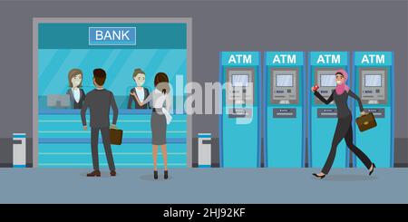 Bankschalter oder Wechselstube mit Managern und Clients.ATM mit Kunden, Cartoon männliche und weibliche Charaktere, flache Vektor-Illustration Stock Vektor