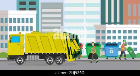 Stadtmüll Recycling-Konzept mit Müllwagen und Müllsammler auf städtischem Hintergrund, Cartoon männliche Arbeiter. Flache Vektorgrafik Stock Vektor