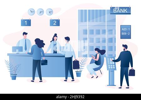 Modernes Bankbüro Interieur.Geschäftsleute Schlange Schlange stehen. Bankmanager und Kunden. Vektor-Illustration im trendigen Stil Stock Vektor