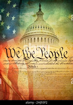 Texturierter Verbund aus US-Verfassung und Kapitolkuppel mit amerikanischer Flagge Stockfoto