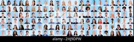 People Headshot Face Collage. Verschiedene Avatare Auf Blauem Hintergrund Stockfoto