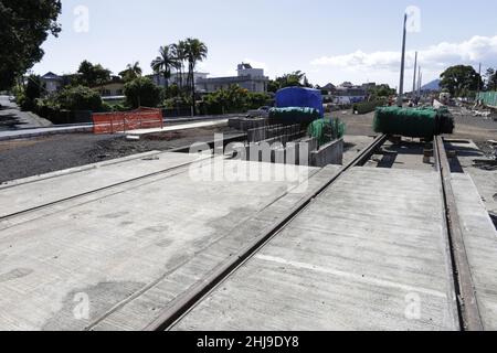 Curepipe – die Sivananda Avenue ist (außer für Bewohner) zwischen der Kreuzung der A10 und der Royal Road und der Kreuzung der Sivananda Avenue geschlossen Stockfoto