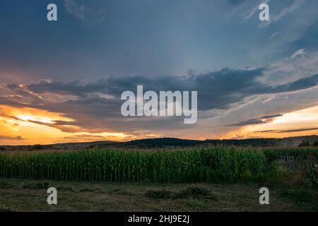 Dramatische, weite Wolken über einem ländlichen Gebiet in Siebenbürgen, Rumänien, an einem Sommerabend Stockfoto